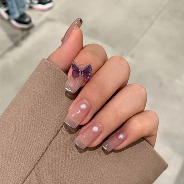 

false nails 24 pcs/set pearl butterfly detachable nude pink fake long square ultrathin coffin adhesive tape glue sticker, Red;gold