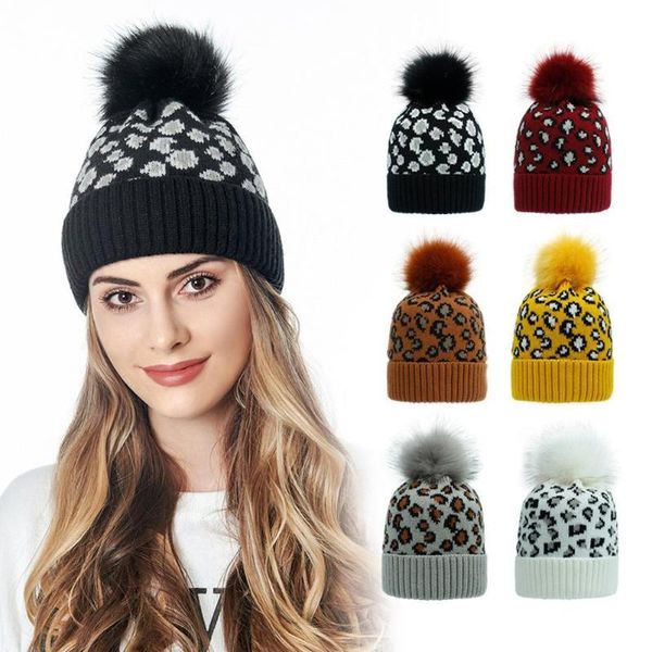 

шерстяная печать женщины натуральный мех леопард pom poms мода зимняя крышка вязание шляпу помпом подарки шляпа для женских шапочек женский, Blue;gray