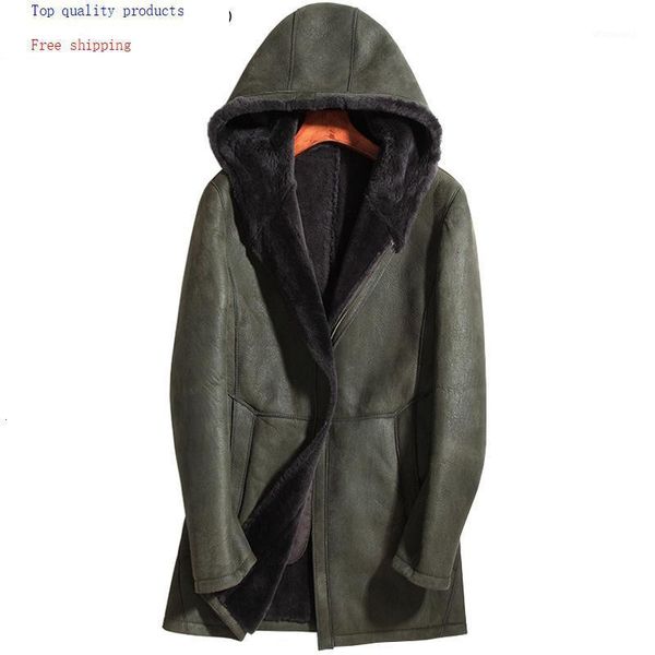 

shearling mens genuine leather jacket sheepskin real fur coat men hooded winter long leather jackets 71e1713 kj24201, Black