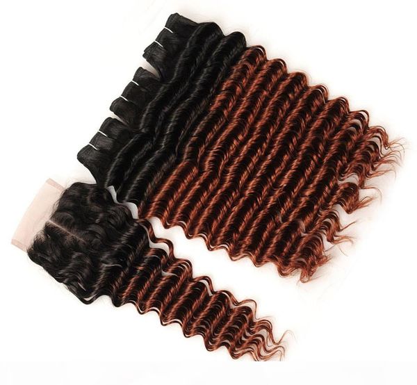 

#1b 33 copper red ombre deep wave peruvian human hair 3bundles with closure dark auburn ombre hair weaves with 4x4 front lace closure, Black;brown