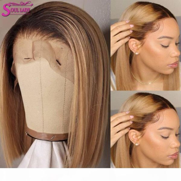 

короткие honey blonde ombre фронта шнурка 1b 27 короткий боб 13 * 4 фронта шнурка human ombre 150% бразильский 4 * 4lace закрытие, Black;brown