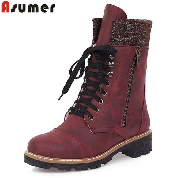 

asumer 2020 new arrival winter boots woman lace up zipper round toe low heels casual shoes ladies comfortable ankle boots women, Black