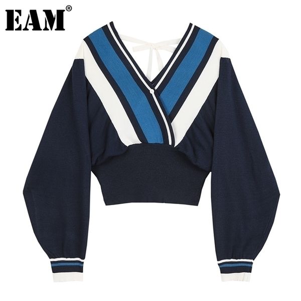 

[eam] striped bandage knitting sweater loose fit v-neck long sleeve women pullovers new fashion tide autumn winter 2021 1z919 201221, White;black