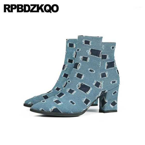 

brand jeans pointed toe plus size big black 10 women winter short shoes ankle high heel blue denim boots block fall 41 chunky1