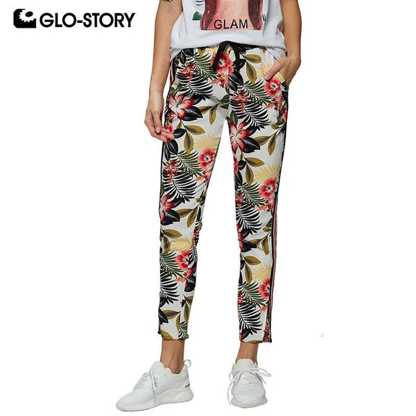 

glo-story 2021 spring women casual tape floral straight pants elastic waist with string female trousers wsk-7868 y19070301, Black;white