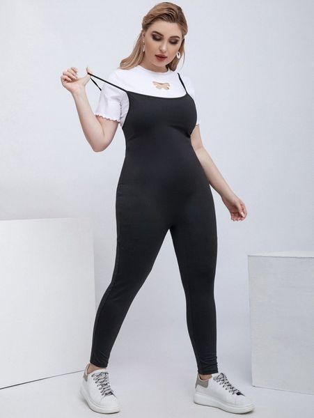 

plus solid cami jumpsuit without tee w9yz#, Black