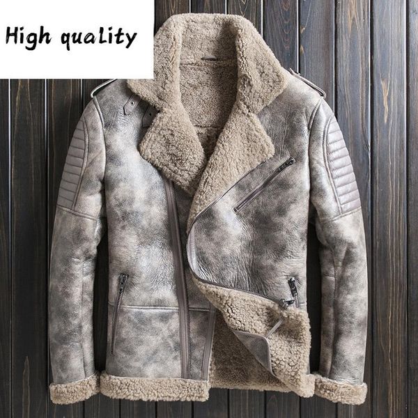 

genuine mens leather jacket winter real fur sheepskin coat motorcycle shearling jacket men veste cuir homme 2020, Black