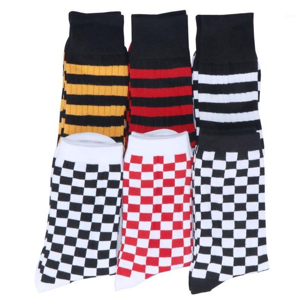 

korean harajuku men stripes plaid square black white crew socks fashion street wind checkboard checks colorful dress socks1