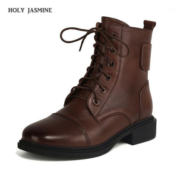

boots genuine leather ankle women retro british style heels short round toe lace up quality classic fashion1, Black