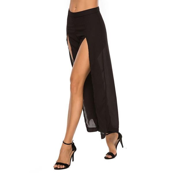 

2019 new women chiffon pants front split wide leg pants women trousers loose casual solid color wide leg pants, Black;white