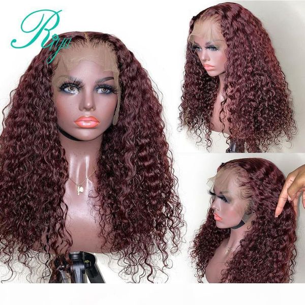 

13x6 150% 99j burgundy red color wig curly lace front human hair wigs for black women preplucked closure wig brazilian remy hair, Black;brown