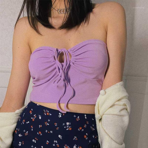 

women crisscross halter crop with tie drawstring front tube, White