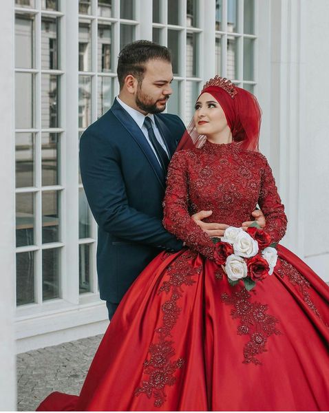 Vintage vermelho vestido de bola muçulmana vestidos de casamento beading alto pescoço manga comprida apliques vestidos nupciais zíper back wedding roubes de mariée