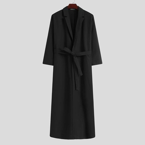 

incerun men coats long sleeve lapel neck overcoats solid color button trench man casual long style outwear with belts streetwear, Tan;black