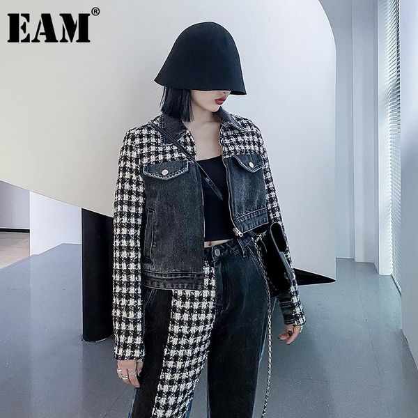 

eam] loose fit black irregular tweed big size denim jacket new lapel long sleeve women coat fashion spring autumn 2020 1da924, Black;brown