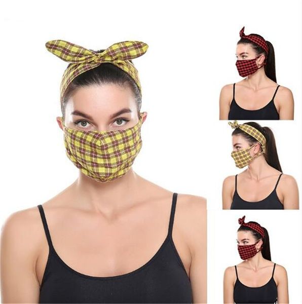 

adjustable plaid face mask headband hair wrap hairbands two-in-one masks reusable cotton facemasks winter warm women sport mask ly11161, White