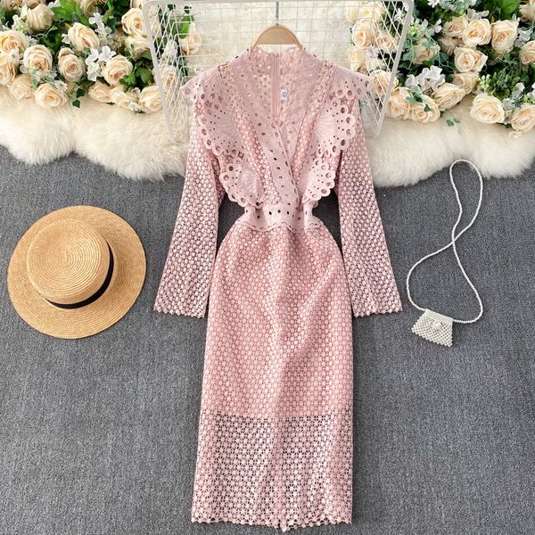 

2021 new chic singiny dressed in women's lace neck sleeves ruffled autumn dresses design sharing thin long dress lkxk, Black;gray