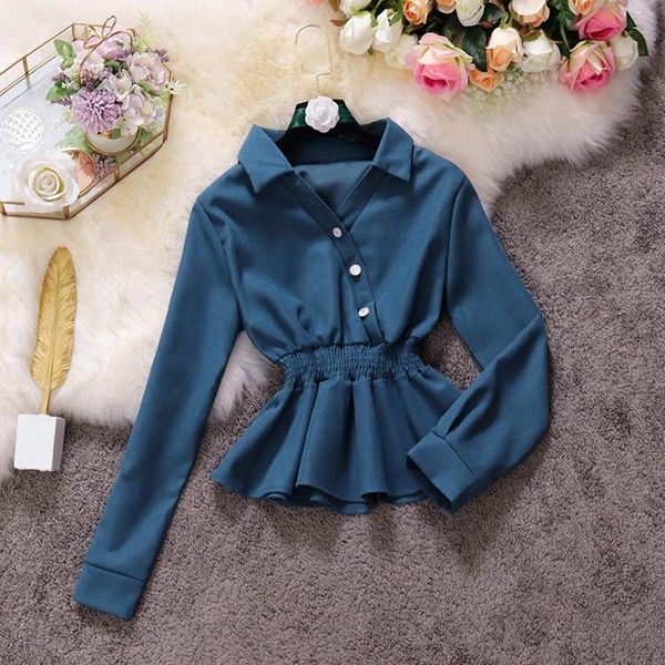

sweet ruffled elastic waist v-neck women shirt autumn popular corduroy short blouse, White