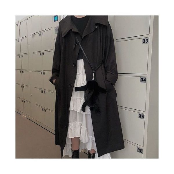 

2021 [with lining] women's long fashion new big female size trench coat thin on the ladies'coat knee tu7b, Tan;black