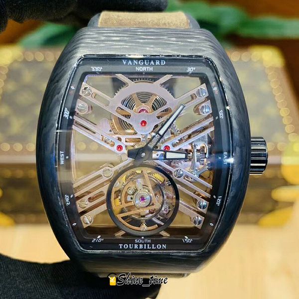 

version new saratoge skeleton dial v 45 t sqt carbone ntpt full carbon fiber luminous case automatic mens watch leather strap watches, Slivery;brown