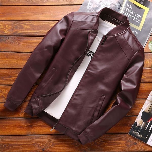 

thoshine brand spring autumn men pu leather jackets buttons thin korean fashion casual coats outerwear slim fit leather jacket 201215, Black