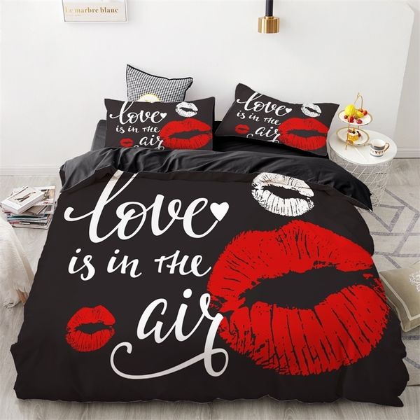 3D impressão digital conjunto de cama personalizado, colcha / tampa de edredão conjunto gêmeo rei da rainha completa, lençóis negro amor lábios gota shipping 201210