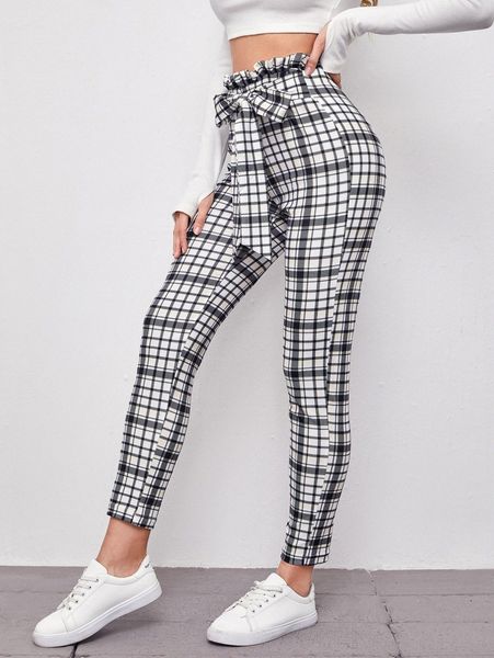 

paperbag waist knot front plaid pants u7bc#, Black;white
