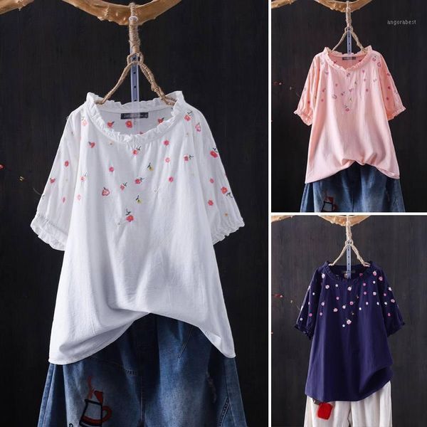 

elegant embroidery shirts women's summer blouse zanzea 2020 casual half sleeve shirts female o neck blusas female floral tunic1, White