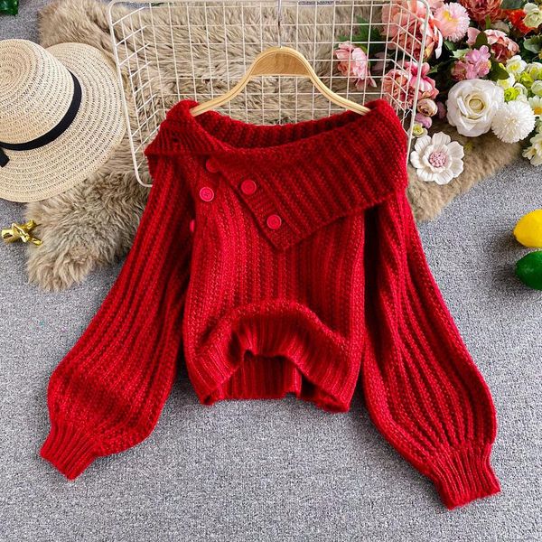 

vintage knitting women sweater pullovers turn-down collar lantern sleeved button solid thicken warm female pulls outwears, White;black