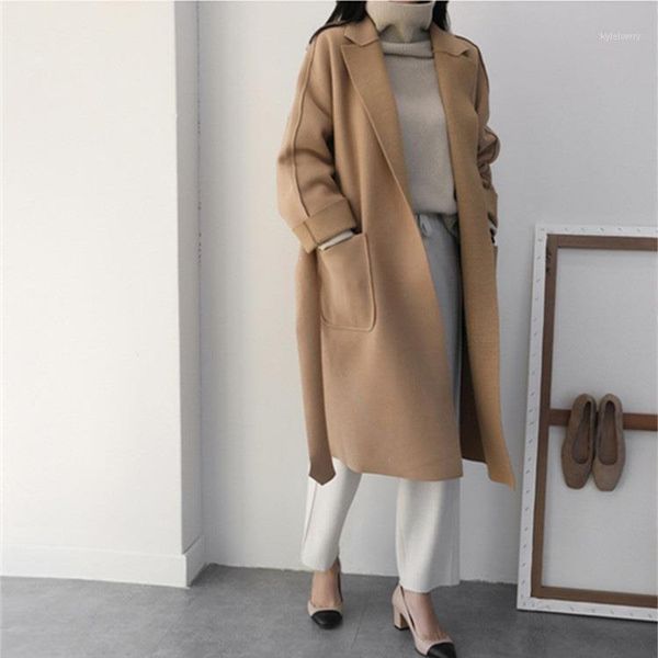 

turn-down collar solid long woolen coat women belt pockets oversize slim coat cardigan plus size outwear1, Black