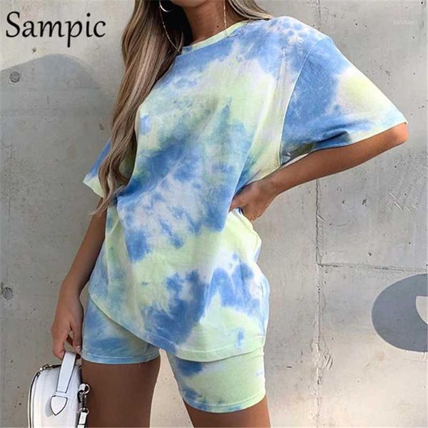 

sampic women loose summer sets o neck tie dye short sleeve shirt and biker bodycon shorts outfits casual two piece set 20201, White