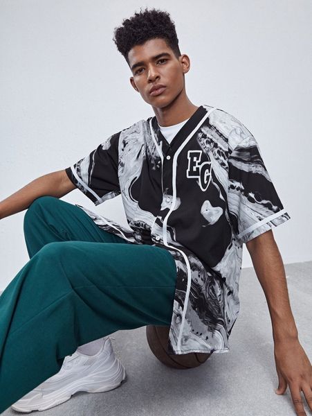 

men letter & marble print contrast binding shirt w5fj#, White;black