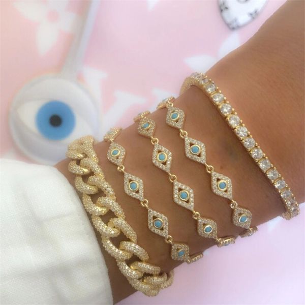 

15+4cm gold filled micro pave cz lovely turkish evil eye charm beads linked bracelet for girl women fashion jewelry y200730, Black