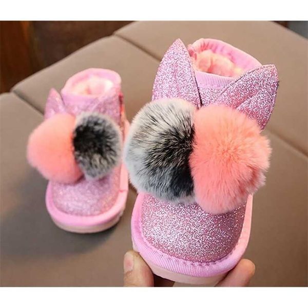 Маленькие девочки сапоги Bunny Pom Poms Glitter лодыжки ботинок из искусственного меха розовый красный черный животных теплый снег Sandq Baby 211227