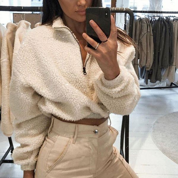 

womens winter thicken faux lambswool crop turtleneck solid color zipper hoodies loose pullover jumper elastic sweatshirt1, Black