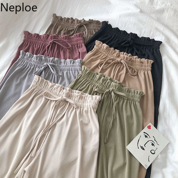 

neploe high waist hip pocket wide leg pants women lace bud with elastic waist casual pantalones summer new solid trouser 201106, Black;white