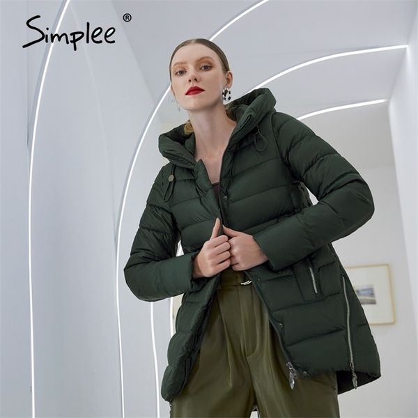 Simplee nuovo parka invernale da donna con cappuccio Elegante cappotto lungo in cotone caldo femminile Cappotto da donna di marca di moda verde scuro 201214