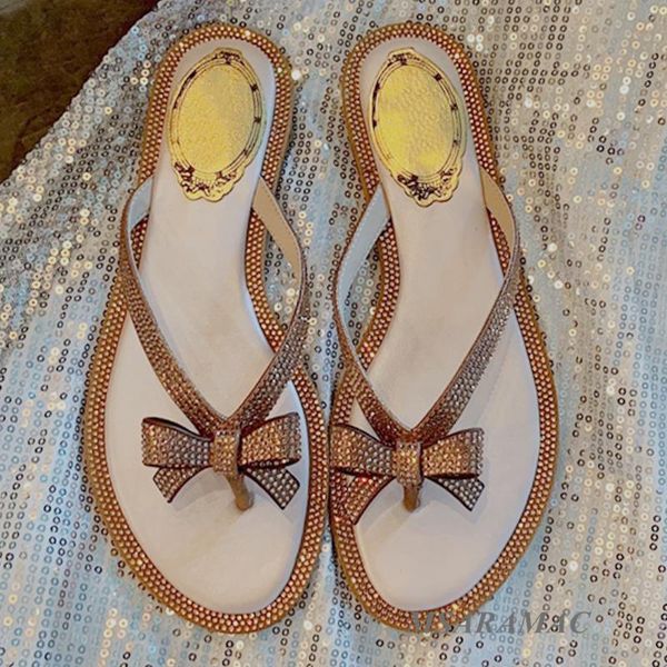 

summer champagne crystal bowknot flip flops genuine leather round toe outdoor flat slippers fashion street lady party shoes, Black