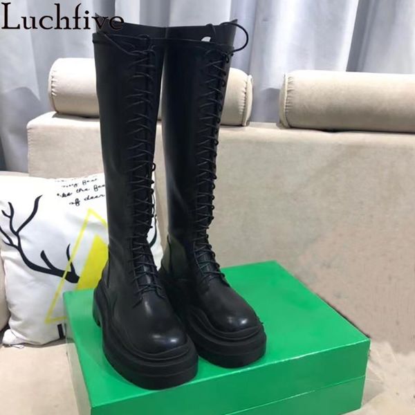 

2021 шнурок длинные сапоги толстые подошвы обувь женщина круглая носок колено высокие сапоги взлетно-посадочной полосы кожи для женщин, Black