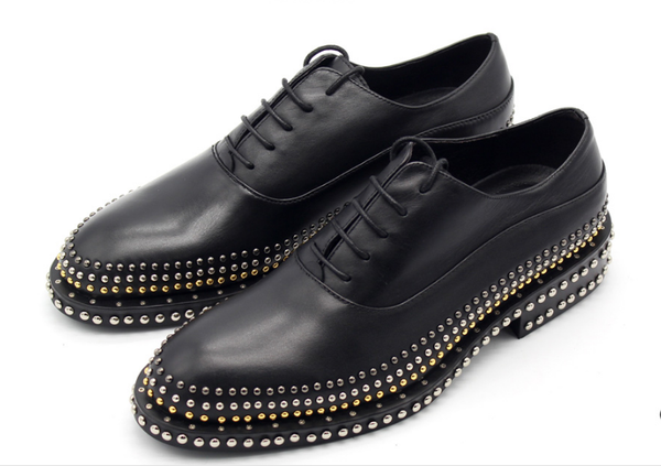 

oxford shoes handmade thousand rivets gentleman leather shoelace men's shoes lace dress shoes for spring, Black