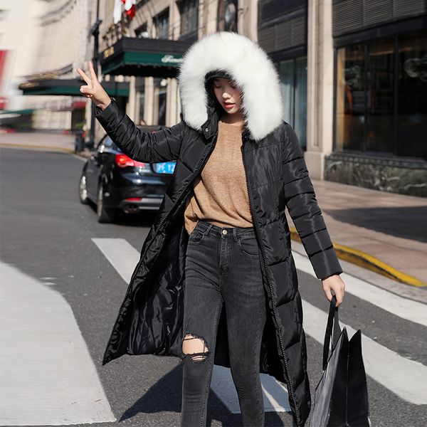 

2021 new women fur collar winter hooded warm coat slim cotton padded basic jacket female casual long outwear feminina 2pgb, Black