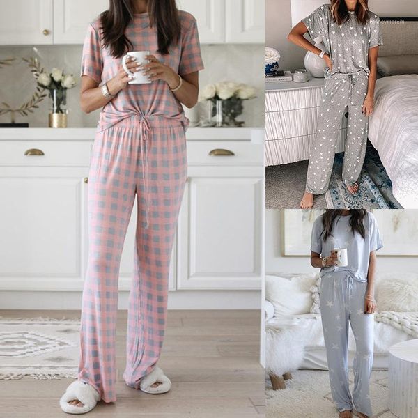 

two piece dress women's clothing printing 2pieces pajamas set comfortable shirt and pants homeclothing for women1, White