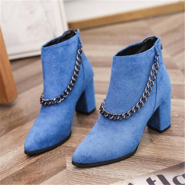 

boots 2021 winter women's suede high-heeled zipper short pointed chain shoes women fashion warm ankle d1270, Black