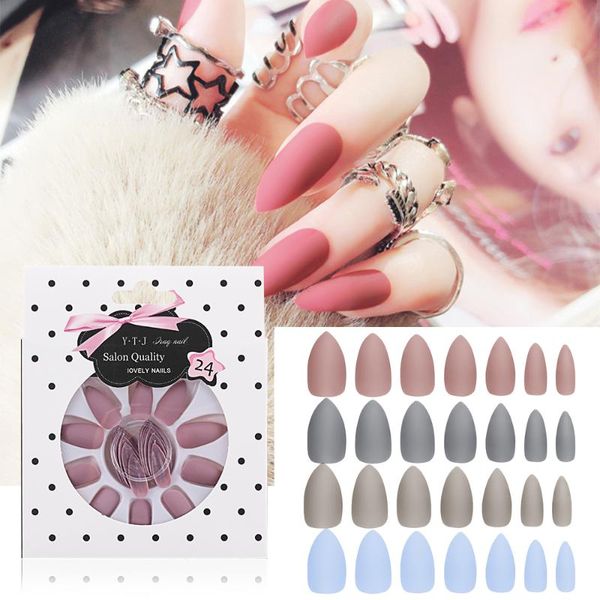 

false nails 24pcs/set matte stiletto coffin abs fake artificial full cover nart tips fashion pointed sharp black nail, Red;gold
