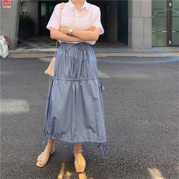 

alien kitty summer elastic-waist solid drawstring 2020 all match korean streetwear chic loose women casual high waist skirts1, Black