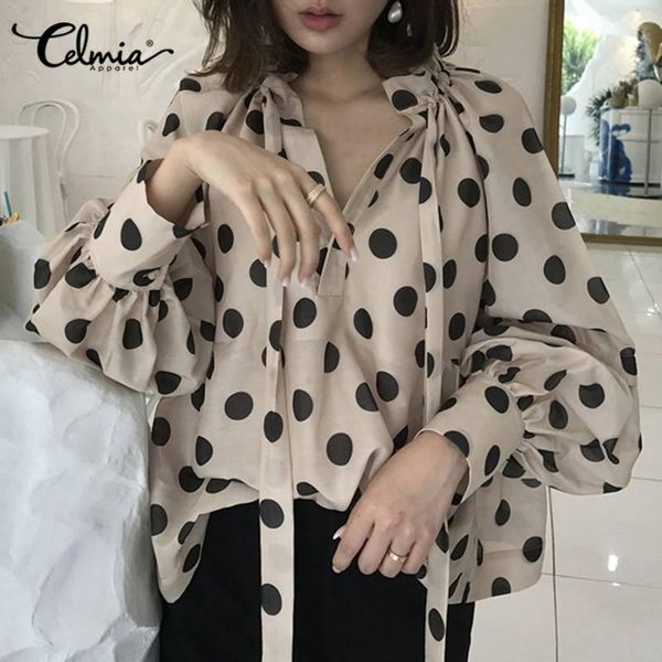 

women polka dot print 2020 autumn casual blouse celmia long sleeve bow lace up shirts fashion elegant blusas femininas, White