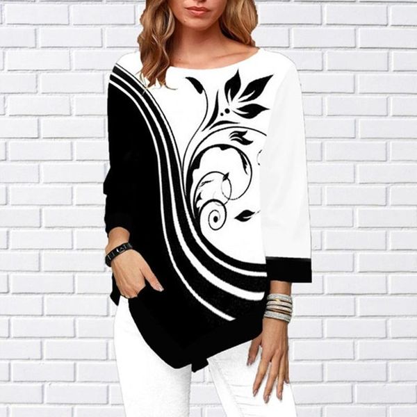 

plus size 5xl 3/4 sleeve printed shirt women spring autumn o-neck ladies blouse and casual hem irregularity female shirts1, White