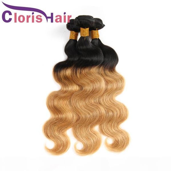 

mink brazilian malaysian virgin blonde ombre bundles 1b 27 body wave hair weaves dark roots honey blonde human hair extensions 3pcs, Black
