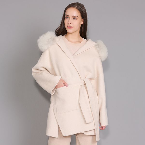 

cashmere jacket women detachable fox fur collar wool blend coat and jacket belt ladies autumn winter cashmere overcoat lj201128, Black