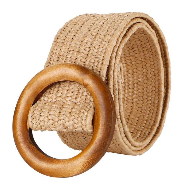 

vintage women round wooden buckle braided waist strap belt adjustable wristband, Black;brown
